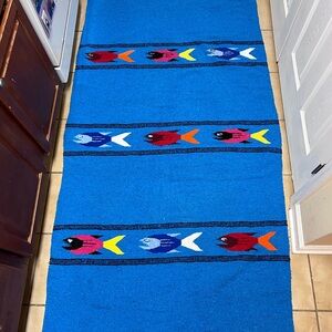 Native Mexican Woven Fish Blanket Blue Double Sided Fringe 40”x80” Tapestry Rug